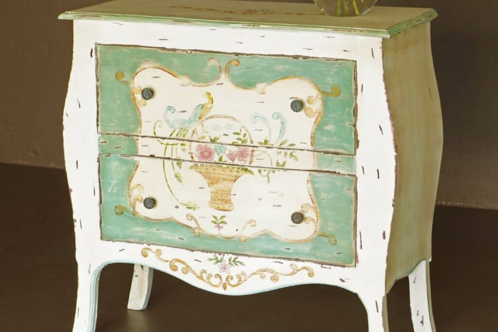 A closeup photo of an antique wooden dresser