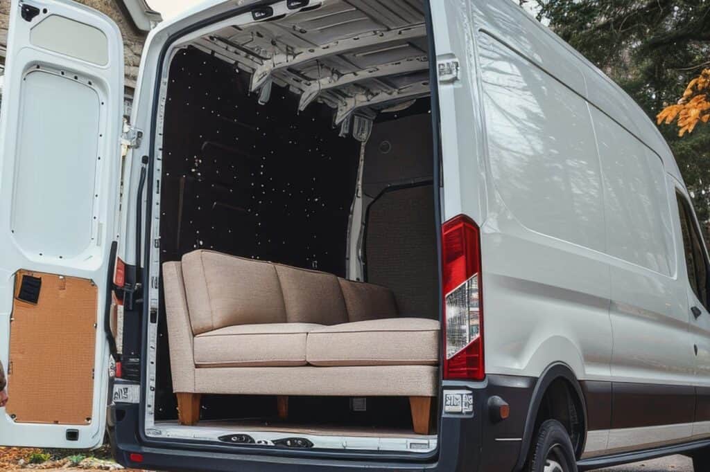 A couch inside a mover's van