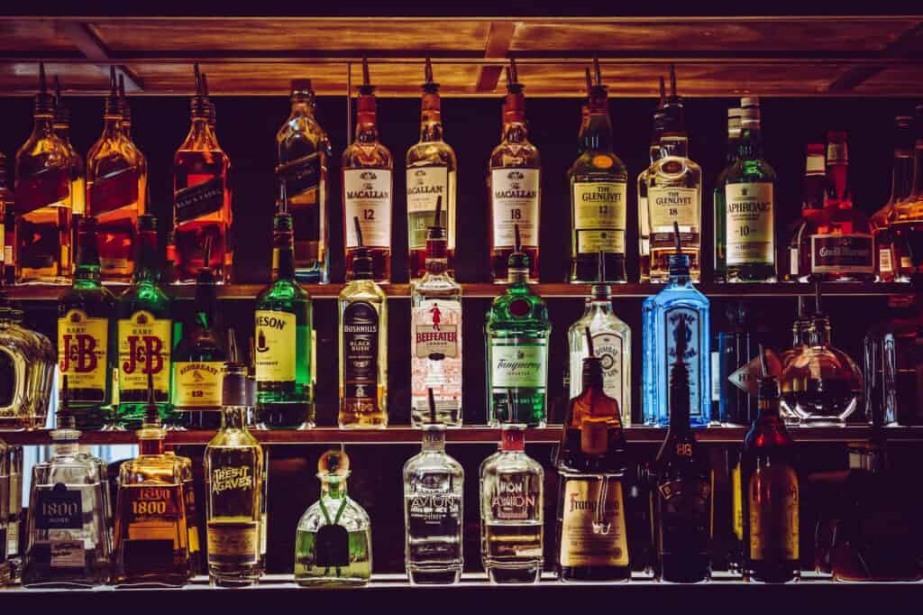 Assorted wine bottles in a pub