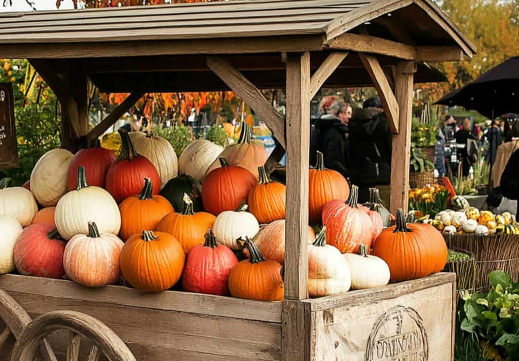 Wooden cart with pumpkins for the Halloween celebration in a park